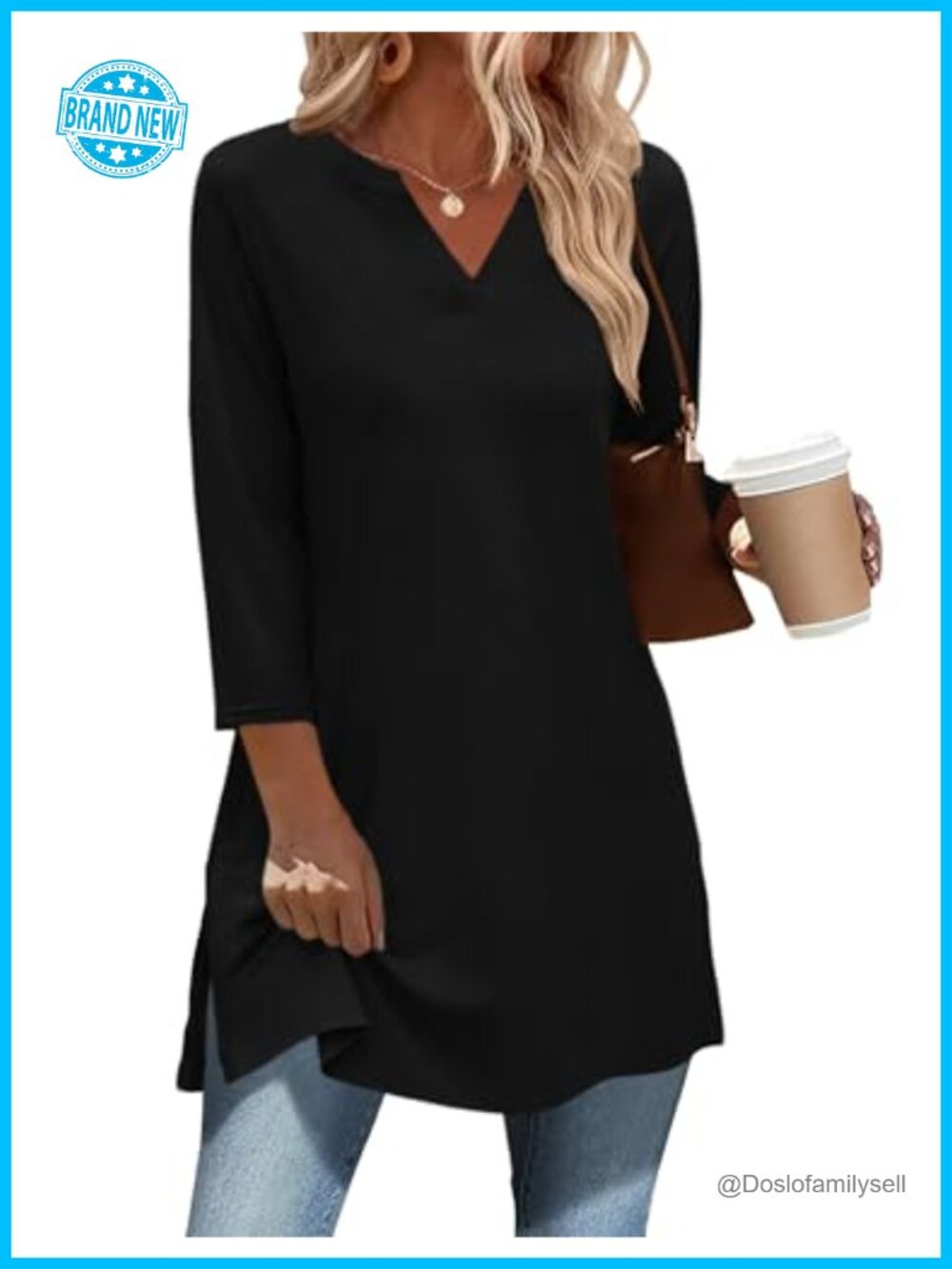 3/4 Sleeve V-Neck Tunic Top with Side Slit for Leggings